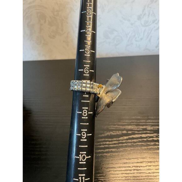 Adjustable Stretch Silver Tone Flower and Clear Rhinestone Ring - Picture 2 of 4